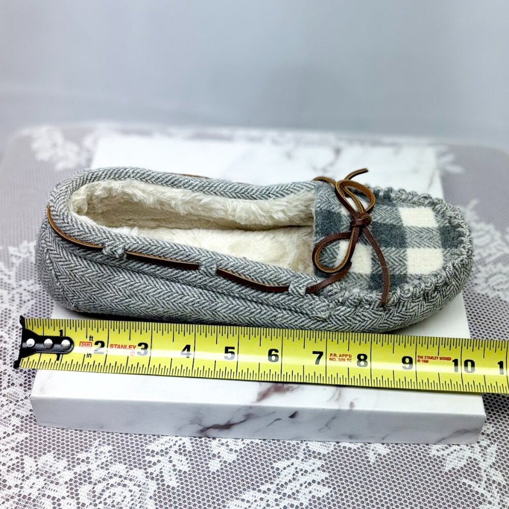 Minnetonka Cozy Wool Slippers Grey Herringbone Faux Fur Lining Slip On Shoe - Picture 6 of 8